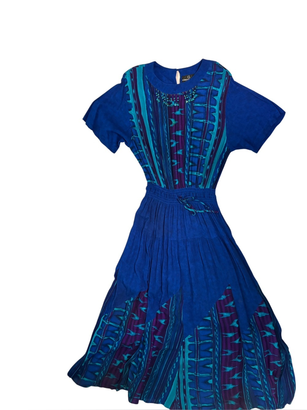 Vintage 90s Carole Little Art Maxi Dress Beaded Drawstring waist Boho